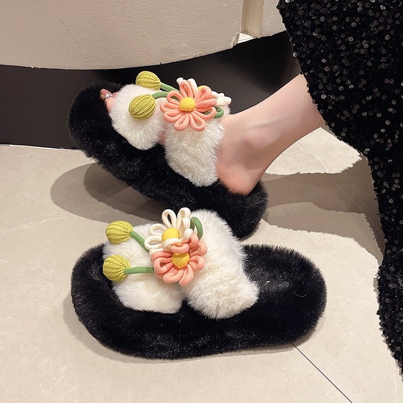 Fresh Flower Plüsch Damen, Bequem Casual, Leicht zu tragen, Hausschuhe fürs Büro, Baumwollpantoffeln mit dicker Sohle,_voghion.com