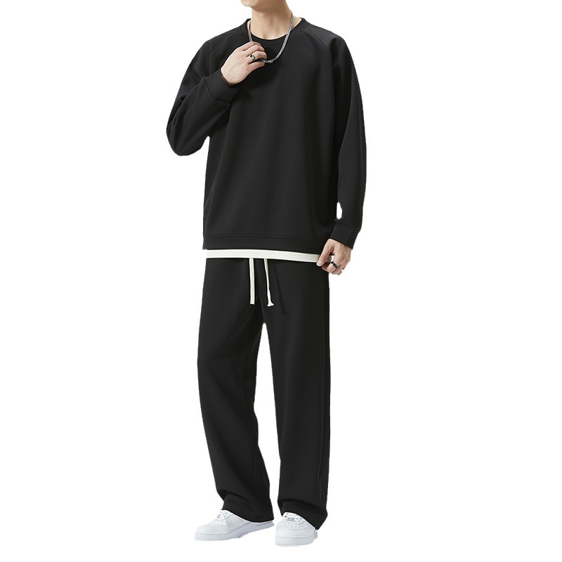 Otoño e invierno traje deportivo casual de los hombres de dos piezas de color sólido cuello redondo falso suéter de dos piezas pantalones de chándal traje de la moda de los hombres