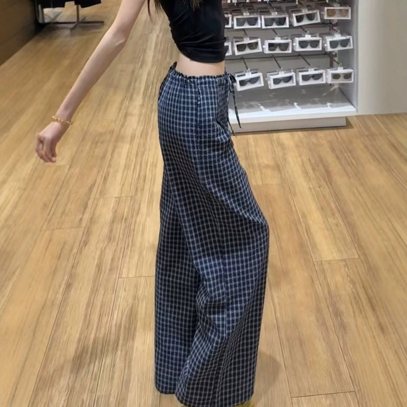 Navy Blue Plaid Pants for Women, Summer High-Waisted, Loose-Fitting, Casual Wide-Leg Pants with Unique Ruffled Edges