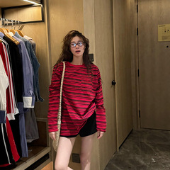 欧货高级感红色条纹长袖t恤女早秋宽松大版中长款上衣打底衫ins潮