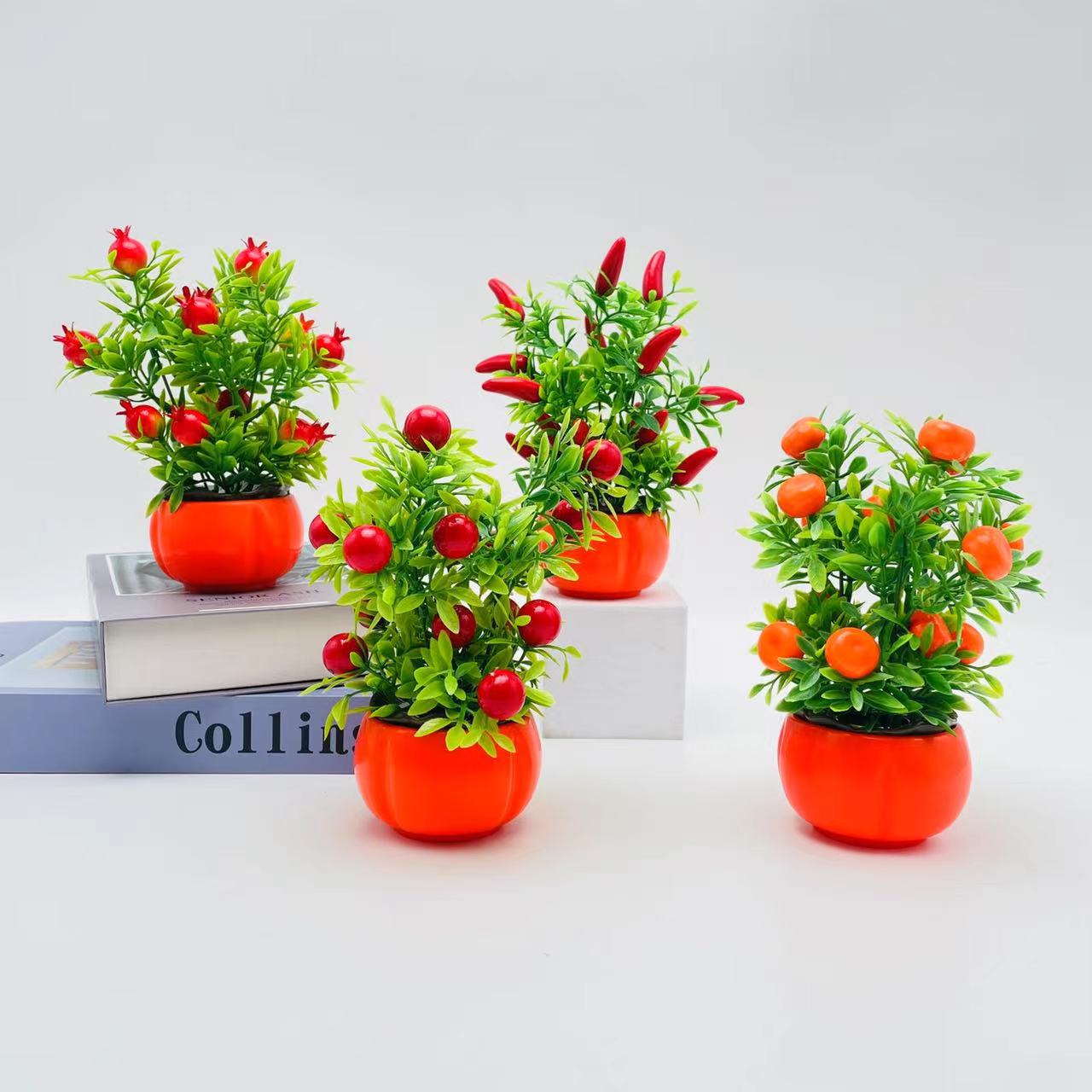 跨境柿子盆15粒仿真小水果树盆景创意假石榴桔子辣椒桌面盆栽摆件
