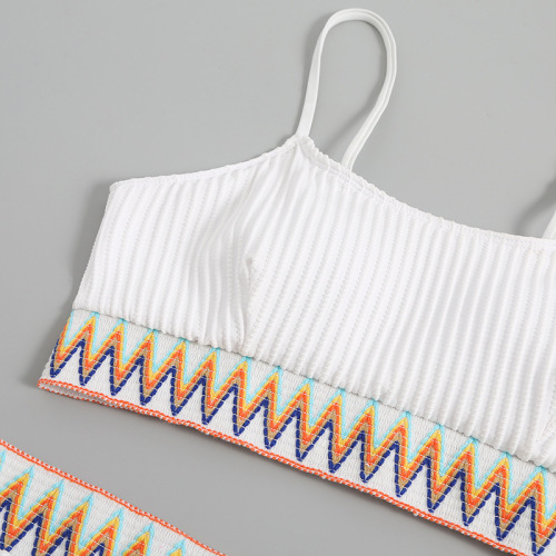  New Split Shoulder Strap Chevron Tape Bikini Swimsuit