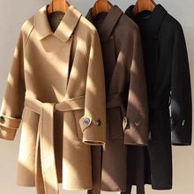 2025秋冬新款中长款韩版小个子双面羊毛大衣女感收腰毛呢批发直销