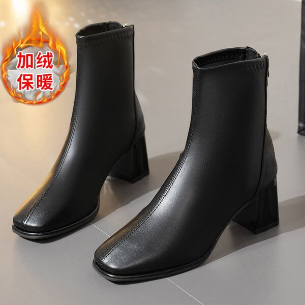 Demi-season warm low boots square toe platform with zipper