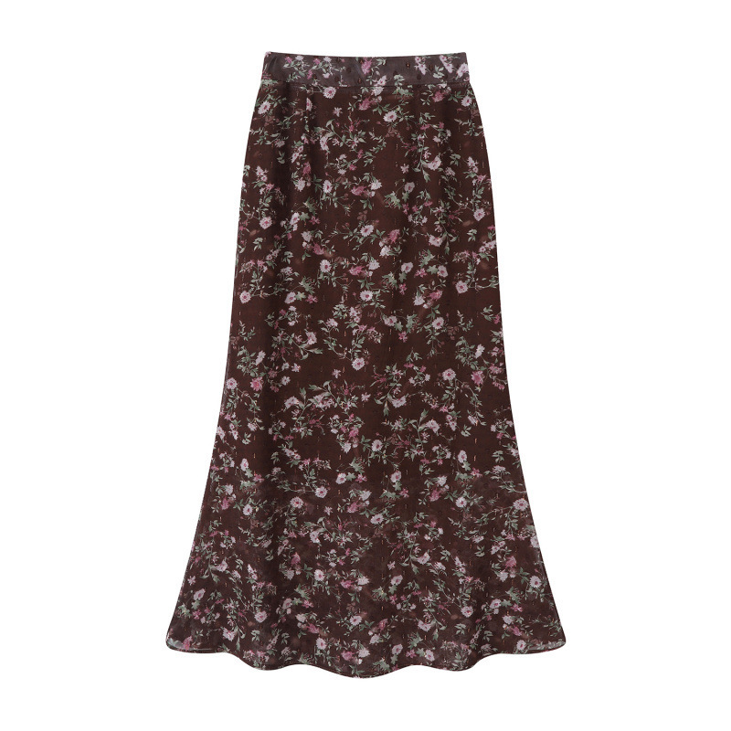 Retro High-End Elegant Chiffon Floral Skirt Women's Spring and Summer Printed Texture Elegant Fishtail Long Skirt