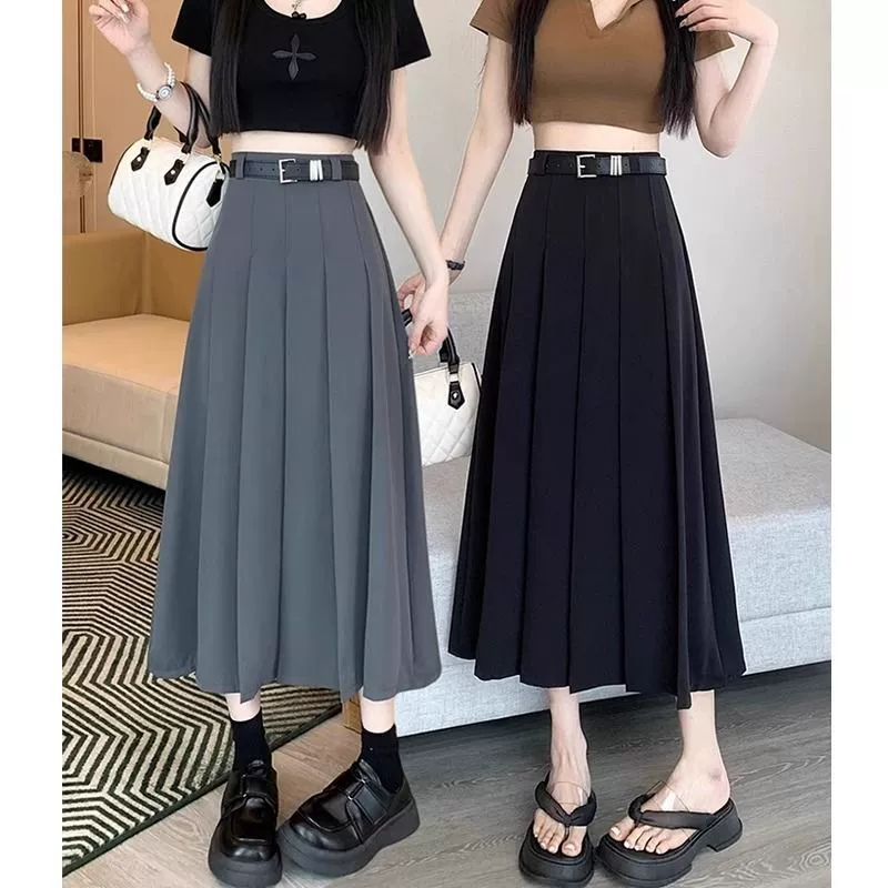 Серая плиссированная юбка А-силуэта с высокой талией для женщин, осень 2024, осень и зима, тонкая юбка средней длины для маленьких людей, оптовая продажа