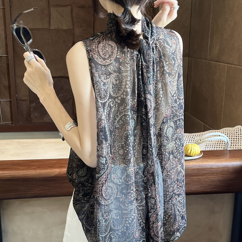[First Release] Thirteen Lines Summer French Resort Style Metallic Thread Cashew Print Ribbon Sleeveless Shirt for Women Csa7121