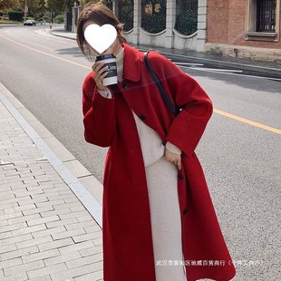 New Year Red Doll Collar Double-Sided Woolen Coat Women's 2024 Autumn and Winter New Korean Style Thickened Mid-Long Woolen Coat