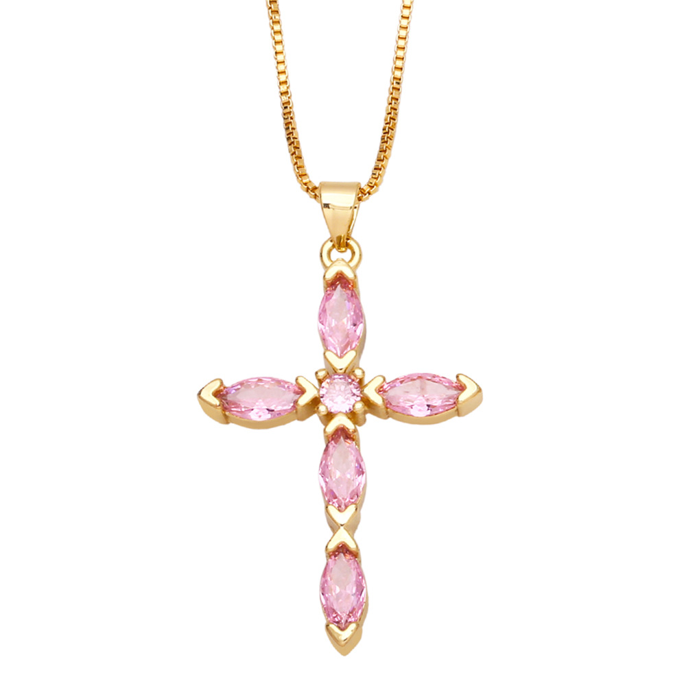 fashion cross copper gold-plated inlaid color zircon necklace