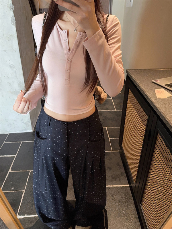粉色长袖小众半开领短款T恤女秋季韩系甜辣妹修身显瘦内搭打底衫|undefined