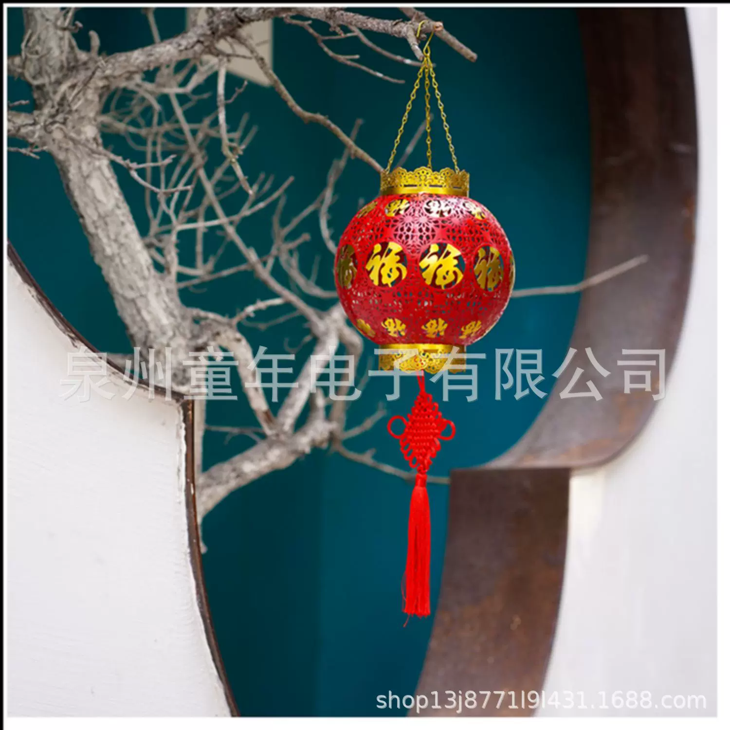 太阳能福运灯大红喜庆婚庆灯笼铁艺镂空投影灯庭院灯氛围灯新农村