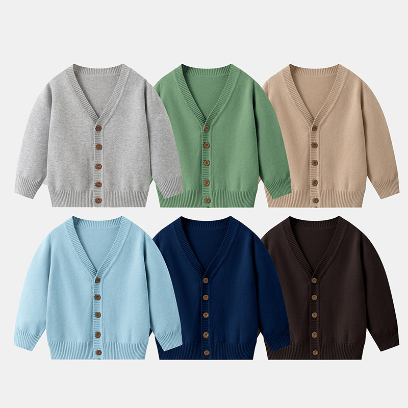 厂家直销春秋新款儿童V领纯色针织开衫男女童学院风棉线薄款外套