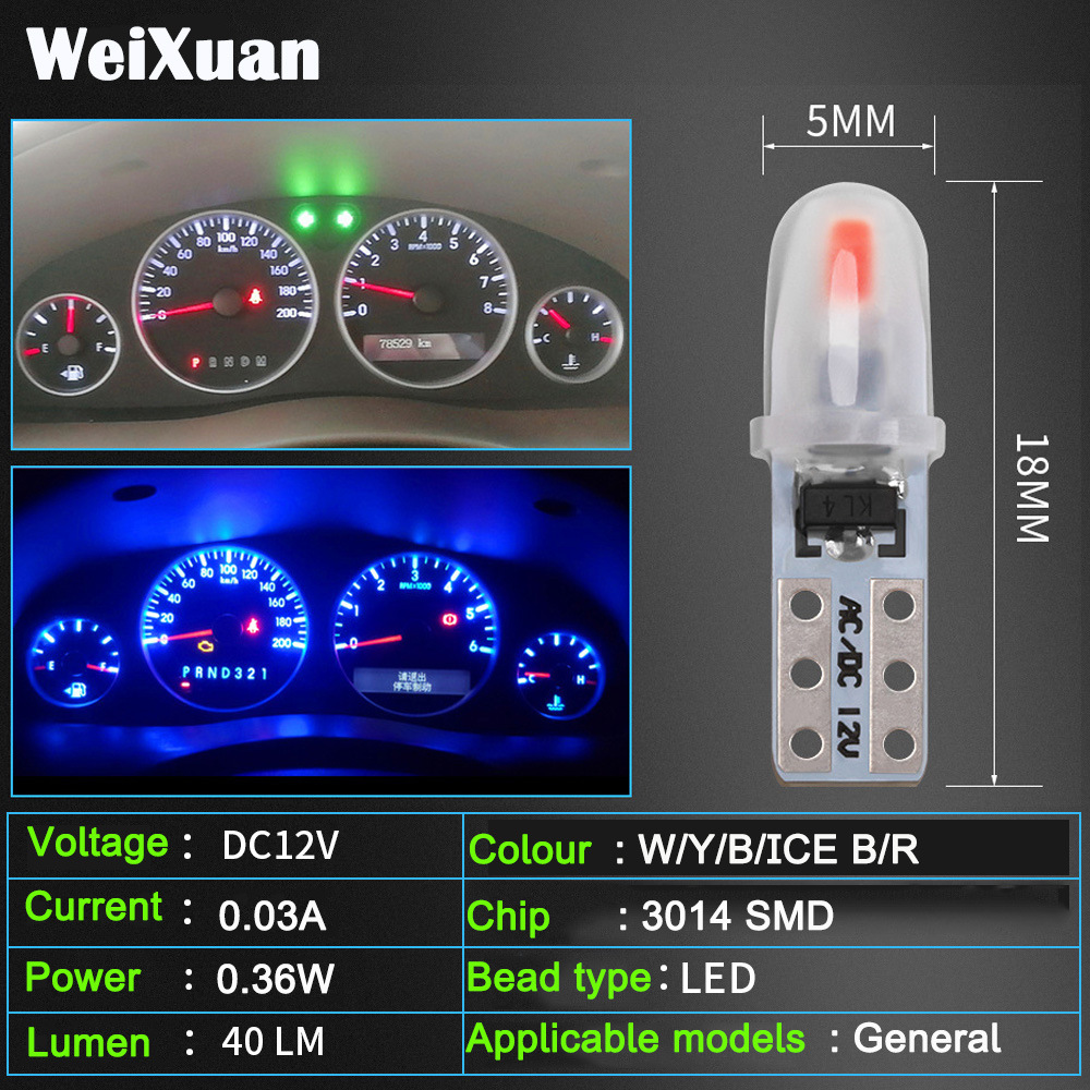 LED Indicador de luz del instrumento del coche LED luz de control central T5 Luz de aire acondicionado cambio de color modificación de la luz del engranaje de la correa T5 base