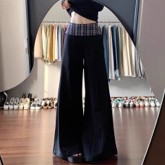 黑色格子拼接西装阔腿裤子女夏季2025新款高腰宽松bf慵懒休闲长裤