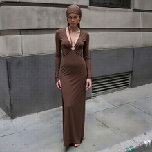 跨境欧美2025秋冬新款女装纯色修身显瘦性感深V领镂空长袖连衣裙