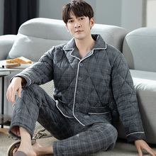 冬季睡衣男纯棉三层加厚夹棉袄保暖中年爸爸男士家居服套装可外穿