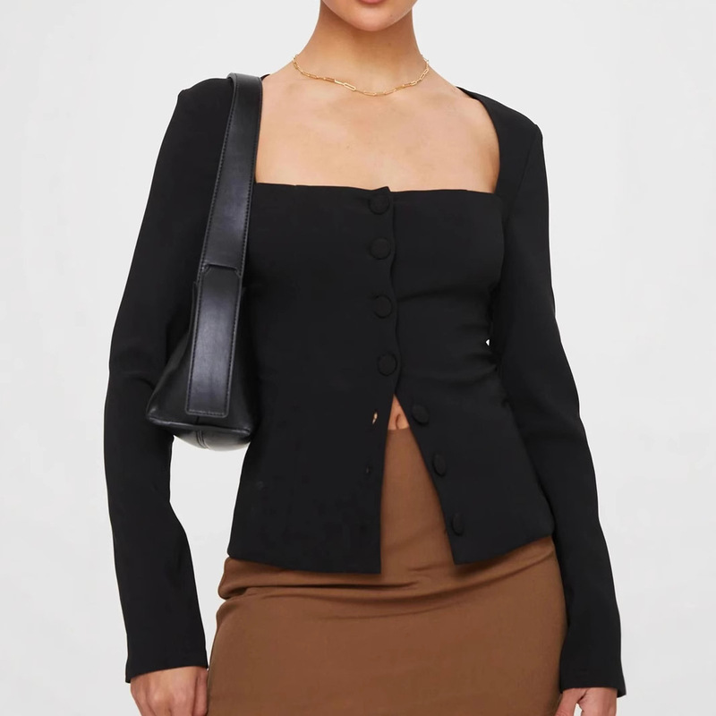 2025 European and American Amazon Single-Breasted Knitted Women's Pure Color Long-Sleeved Top