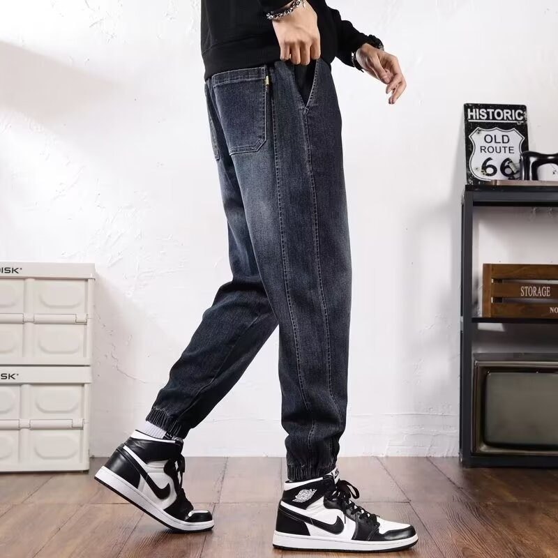 2024 primavera y otoño pantalones vaqueros de cintura elástica todo fósforo para hombres, pantalones de pierna ancha rectos sueltos para adolescentes de la calle principal