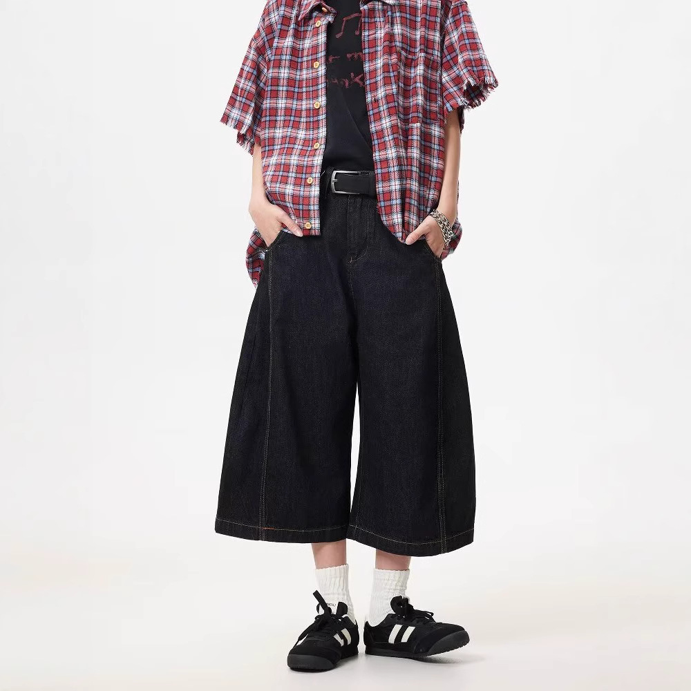 American Retro Workwear Denim Cropped Pants for Men and Women Summer Cleanfit Loose Wide-Leg Street Topstitch Shorts