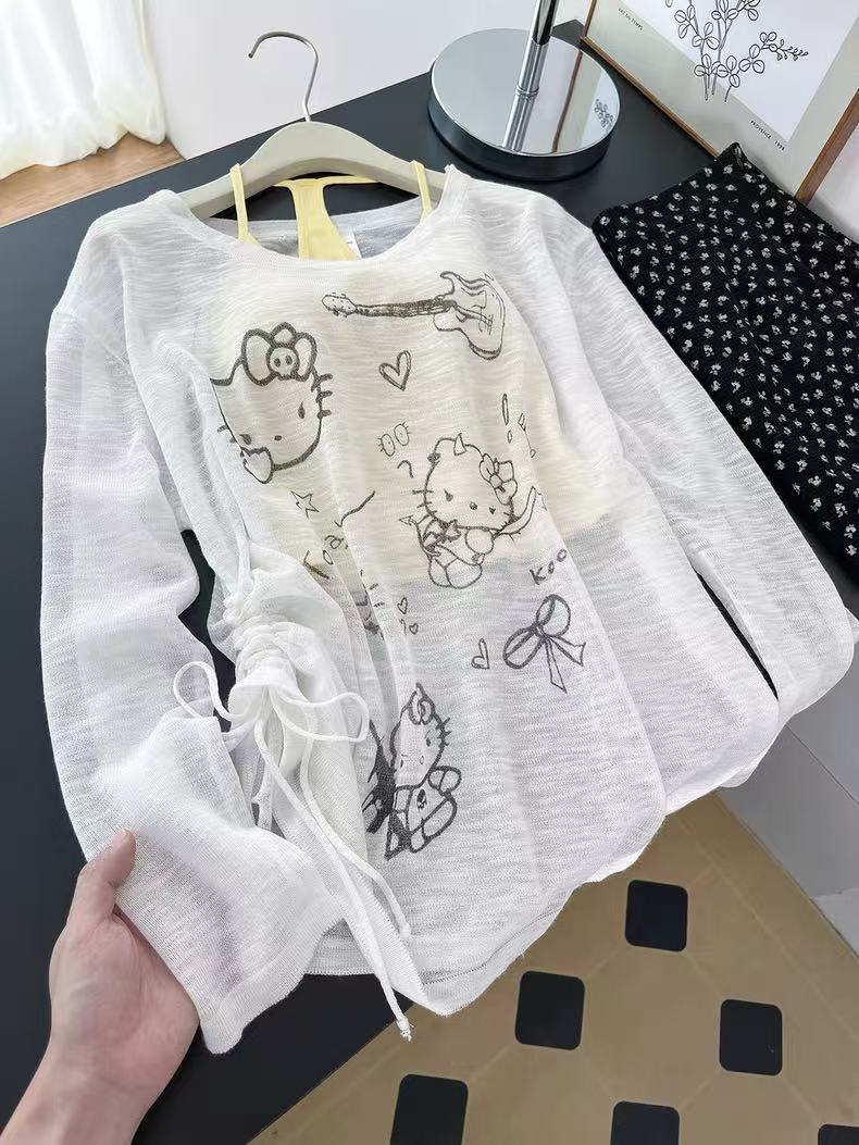 Summer new style cute and cute Japanese style loose sun protection thin hollow outer blouse