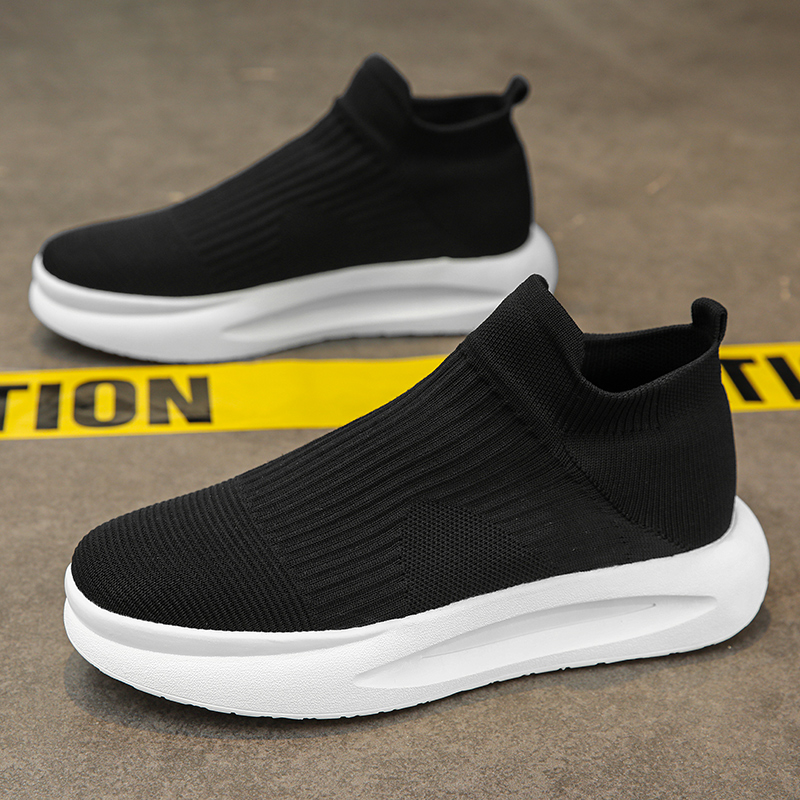 男鞋夏季2025新款网面透气厚底运动男士一脚蹬轻便软底黑色袜子鞋