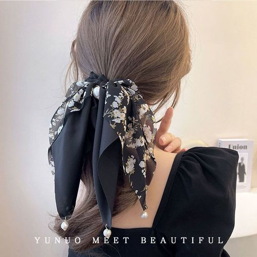 Summer fresh bow ribbon hair band pearl pendant ponytail hair accessories  new French silk scarf headband