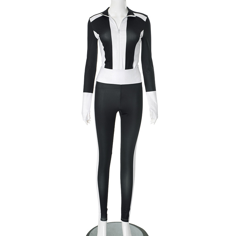 Women Clothing Autumn Winter Contrast Color Stitching Finger Fit Design Zipper Collared Cardigan Tight High Waist Suit