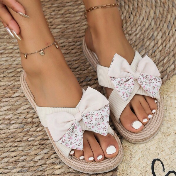 Summer solid color fashionable trend beige slippers with bow