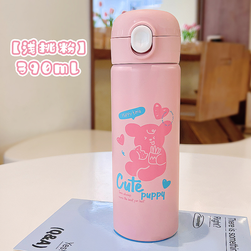 Nuevo lindo taza de agua de acero inoxidable simple de dibujos animados taza de bebida directa portátil cubierta elástica estudiante taza de vacío de alto aspecto