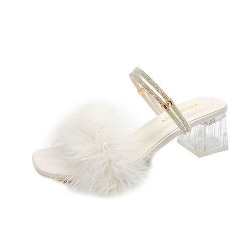 French fairy style two-way plush cool slippers, summer new version, height increasing, slimming, crystal thick sole, stylish and versatile sandals