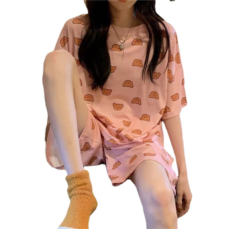 Pijamas de oso de dibujos animados de manga corta de verano para mujeres estudiantes lindo cuello redondo verano Delgado dulce casual traje de desgaste para el hogar