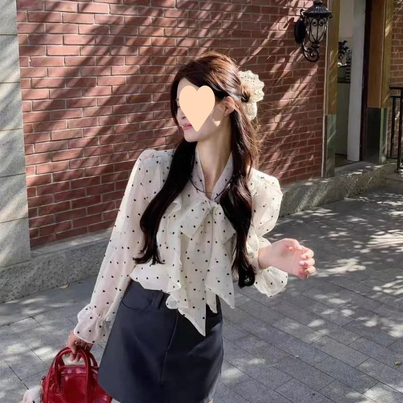 2025新款法式高级感荷叶边波点衬衫女春季设计感绑带宽松别致上衣|undefined