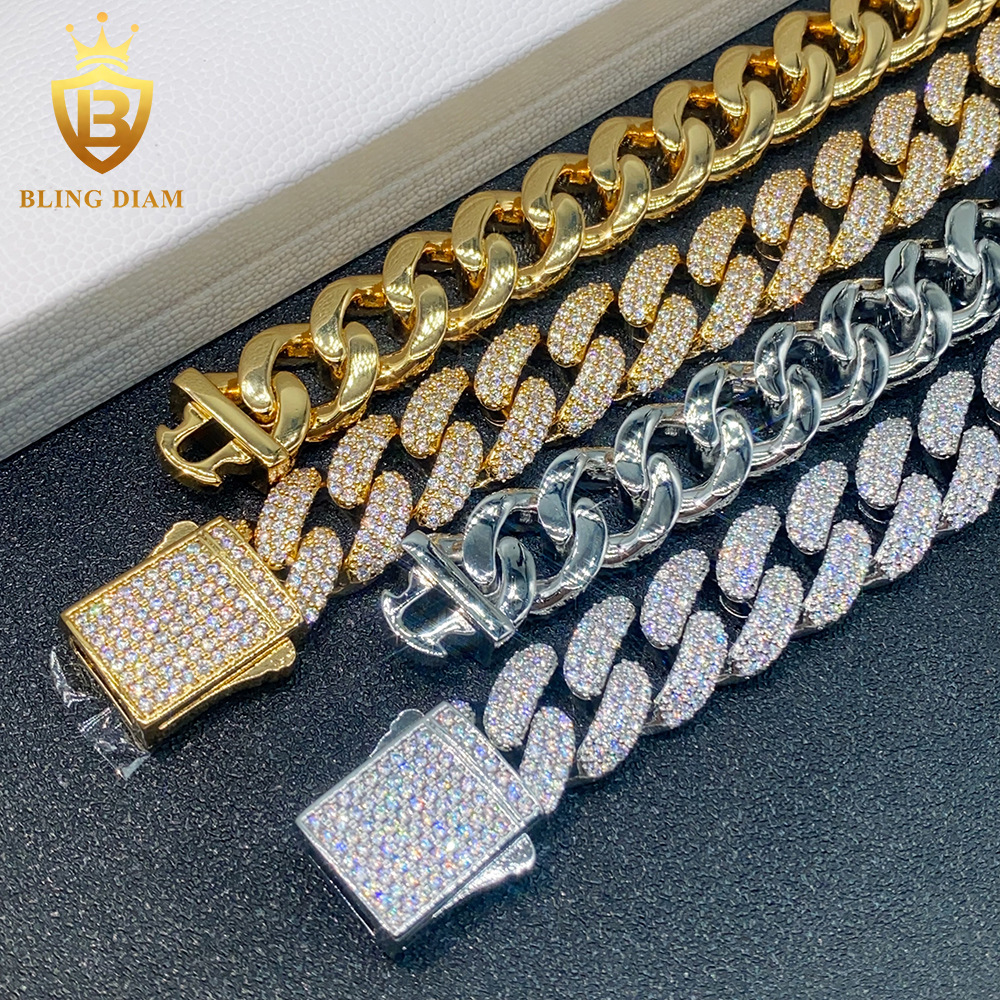 Ketting cubaanse schakel heren 18mm drie rijen diamant hip hop_voghion.com