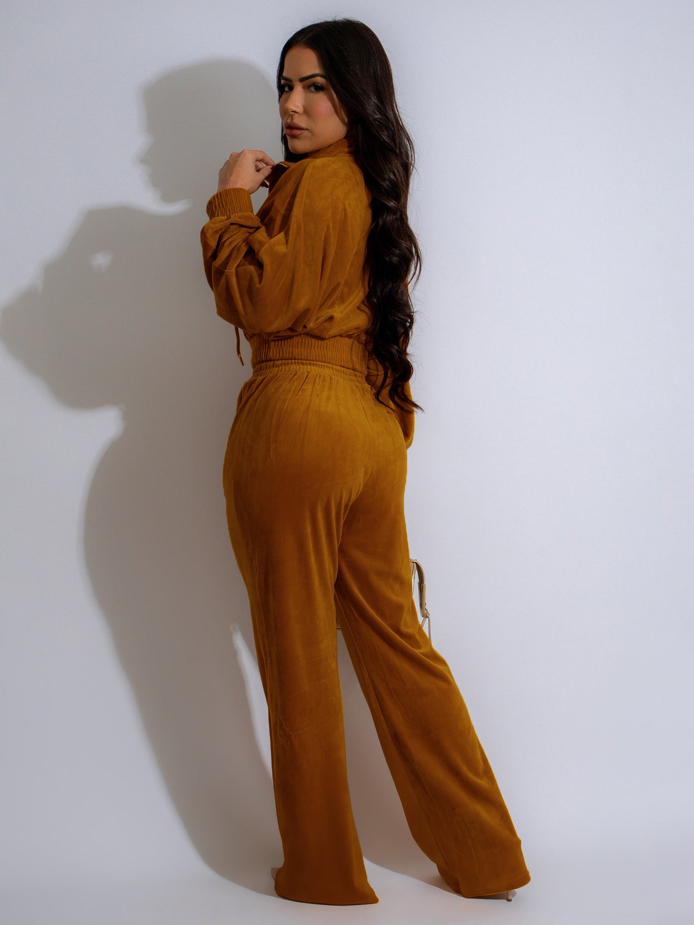 Women's Lapel Zip-up Cardigan And Trousers Two-piece Set_voghion.com