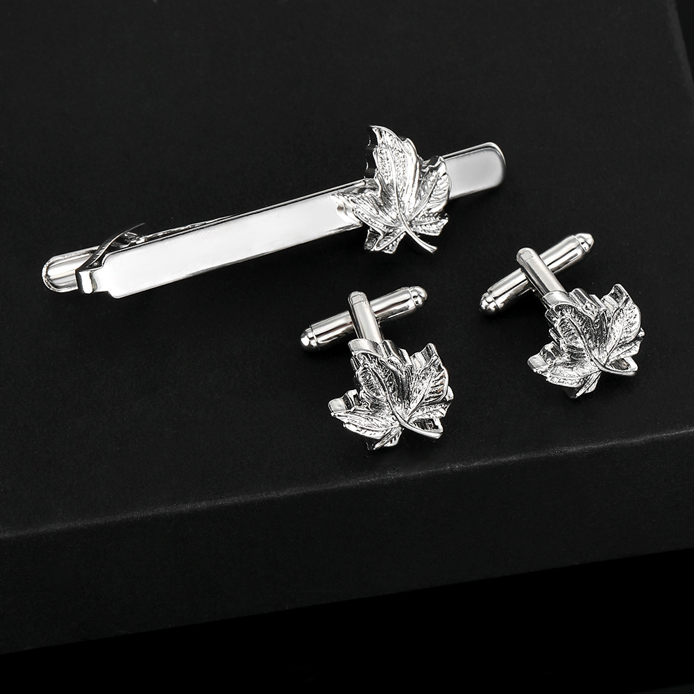 fashion silver maple leaf cufflinks men's business French shirt cuff nails tie clip set accessories gift box_voghion.com