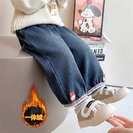 女童加绒牛仔裤秋冬季2025新款加厚冬款女宝宝儿童冬装一体绒裤子