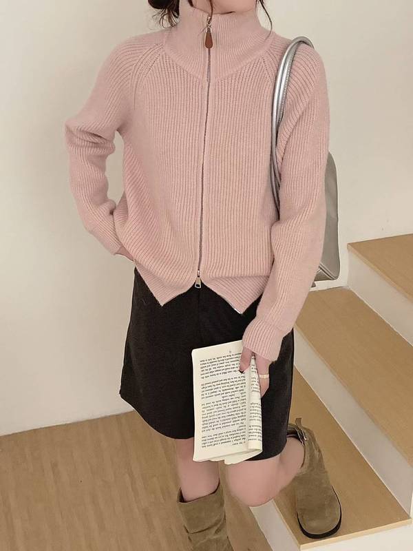 高级感针织外套女2025秋冬新款宽松立领开衫双拉链毛衣女加厚欧码|undefined