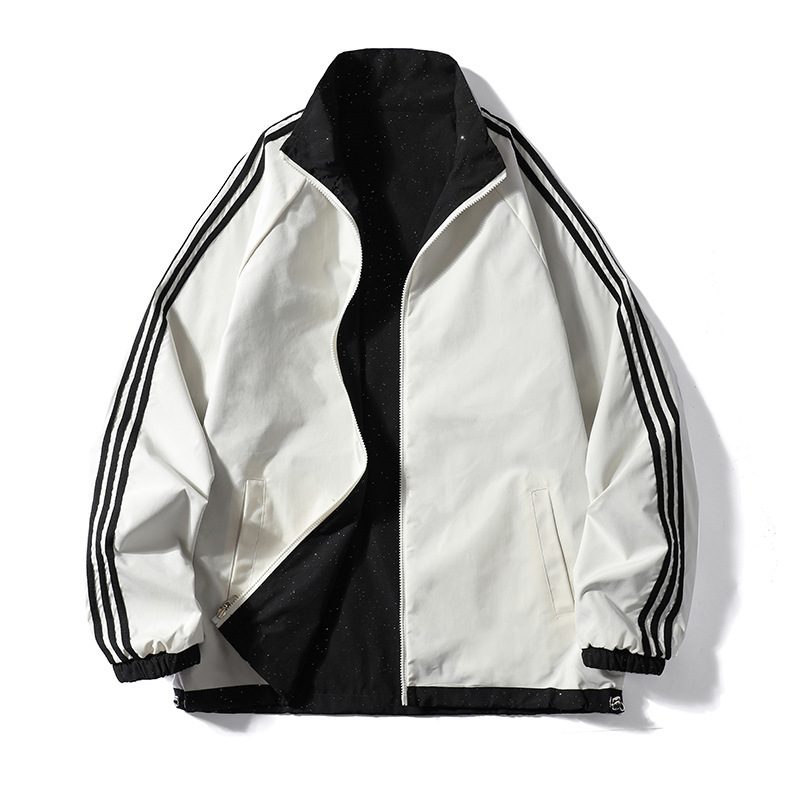 Three-Stripe Reversible Couple's Loose Waterproof Stand-Collar Jacket, Spring and Autumn Windbreaker Jacket, Versatile for Men and Women Three-Stripe Reversible Couple's Loose Waterproof Stand-Collar Jacket, Spring and Autumn Windbreaker Jacket, Versatile for Men and Women
