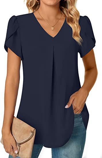 2023 estación independiente deseo Amazon popular verano simple mujer cuello en V pétalo manga camisa de las mujeres