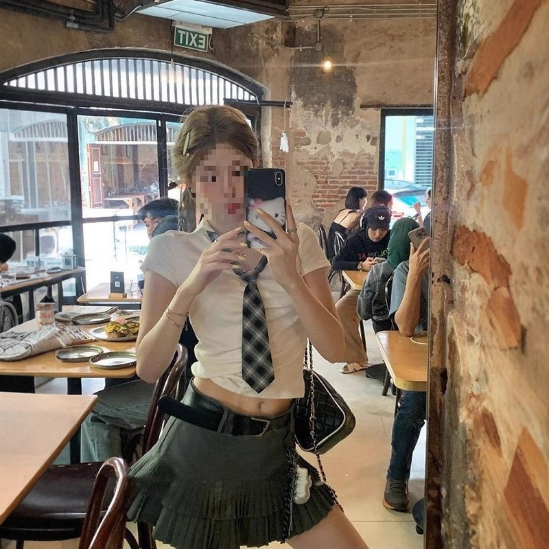 美式辣妹穿搭时尚套装女2025新款POLO领带拼接短袖高腰短裙百褶裙|undefined
