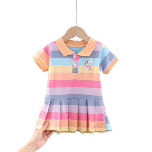 Girls' Summer Dress for 1-2-3 Years Old, 4 Girls' Fashion Summer Outfit for Infants and Toddlers, Collared Striped Short-Sleeve Pleated Skirt