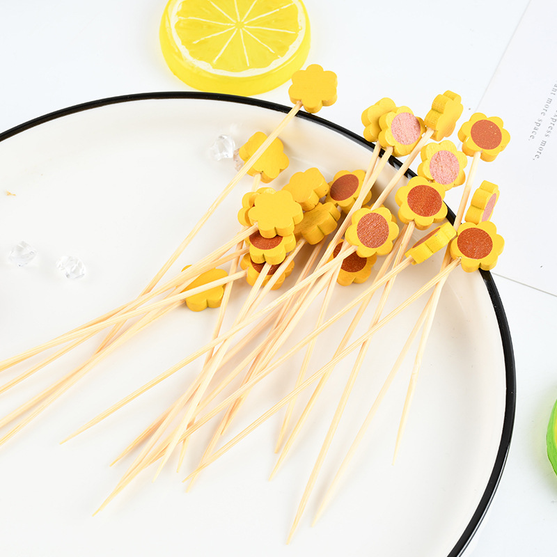 Fabricantes al por mayor flores de sol creativas stick de fruta stick de bambú desechable stick de flores tiquetas tiquetas lindas tiquetas