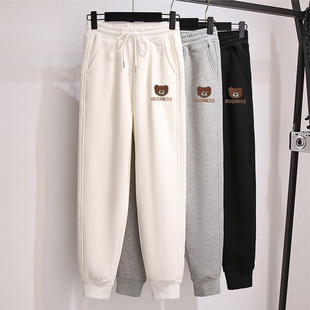2024 fleece-lined Thickened Leg Bunch Casual Pants Women's Autumn and Winter New Loose Bear Printed Sweatpants Sports Pants