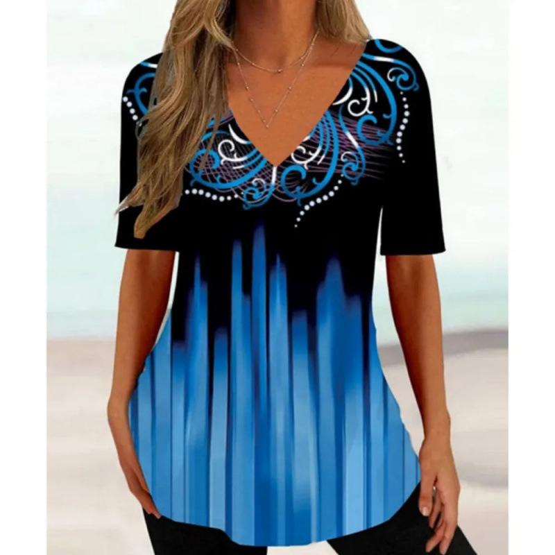 2025独立站爆款复古女民族几何彩绘原宿T恤女休闲短袖V领女式上衣