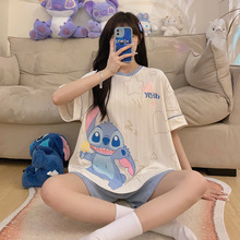 pajamas特价优惠精梳棉坑条短袖短裤睡衣女夏可爱卡通宽松套装