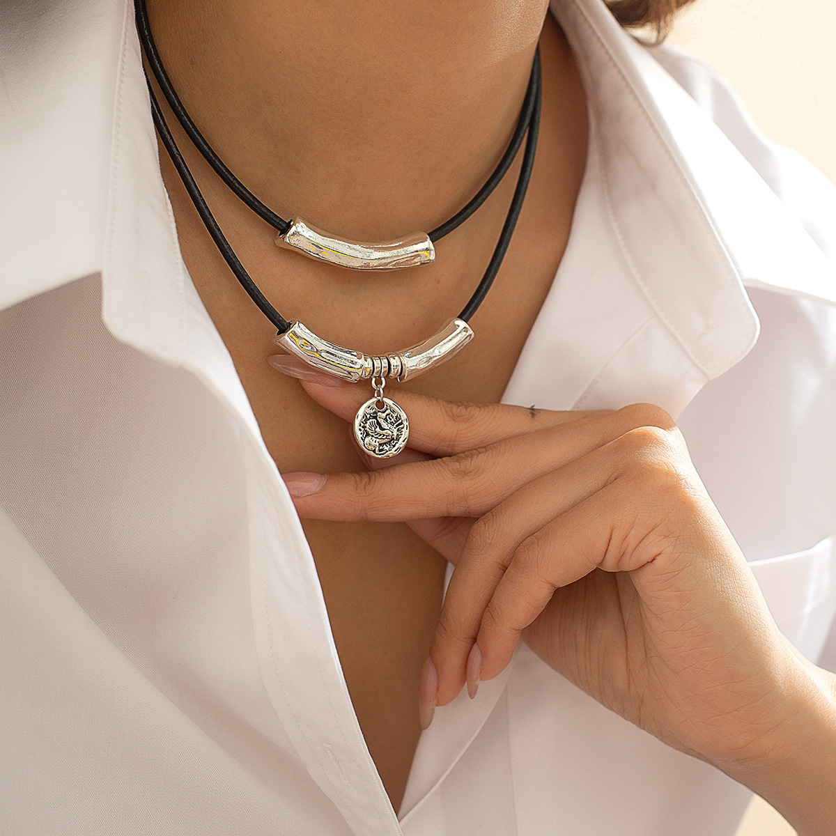Cylinder Leather Wax Wire Necklace Set Hip Hop Alloy Multilayer Clavicle Chain_voghion.com
