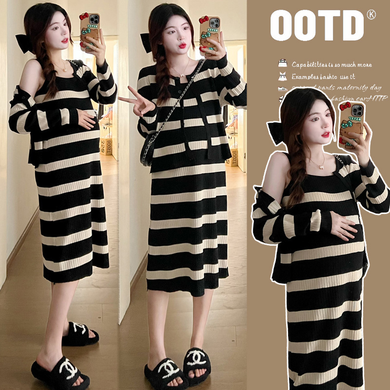 Spring and Summer Internet Celebrity Maternity Dress Fashion Striped Loose Slimming Age Reducing Mix and Match Knitted Sling Dress Cardigan Set