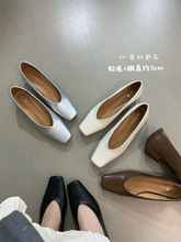 Alilovers通勤简约方头低跟单鞋女春新款百搭法式复古浅口奶奶鞋