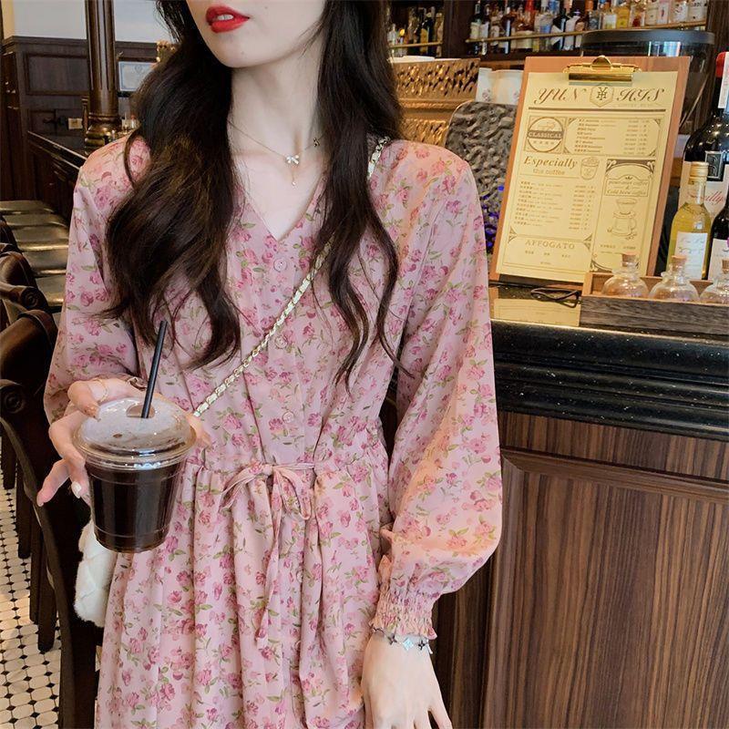 2025 Spring and Autumn New Rose Tea Break Dress Huayao Printed Temperament V-Neck Mid-Length Floral Dress for Women