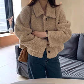 休闲时尚秋冬季外套女2024新款翻领单排扣宽松百搭短款加绒加厚外